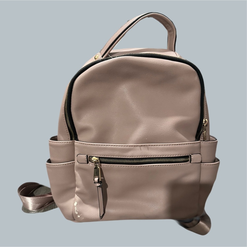 Pale Pink Rose Mini Backpack Bag Faux Leather Adjustable Strap Zipper Pockets